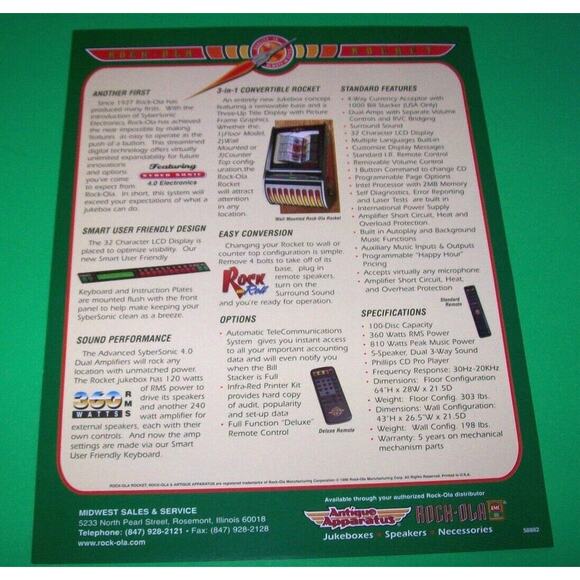 Rock Ola New Rocket Jukebox FLYER Original NOS Phonograph Music Artwork Sheet - Picture 2 of 2